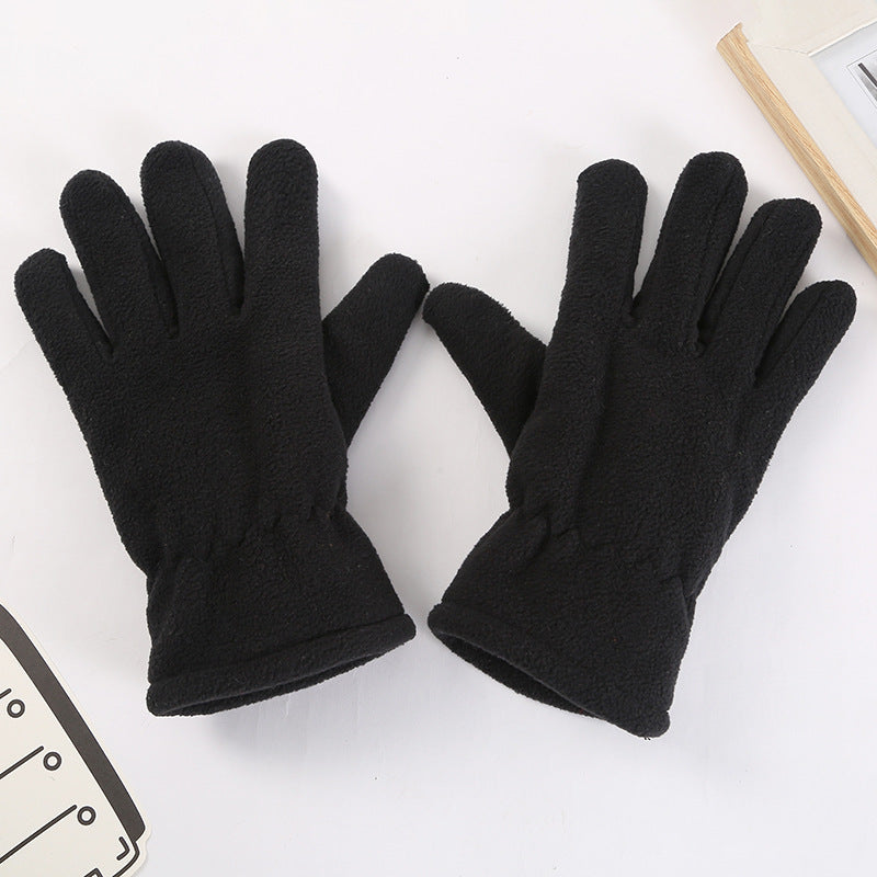 Dark fleece winter gloves with elastic gathered wrist cuffs, palm to fingers