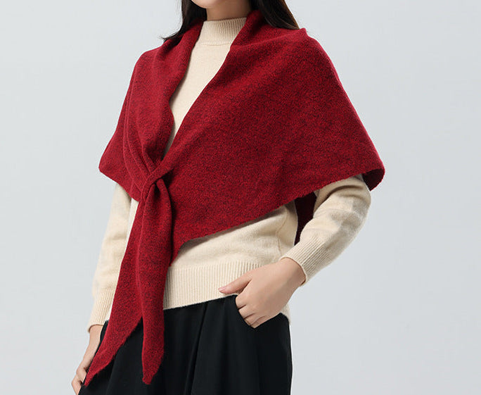 Women’s cashmere triangle scarf in red, draped style with center tie knot