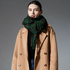Green tartan plaid scarf with tassel fringes, neck-wrapped