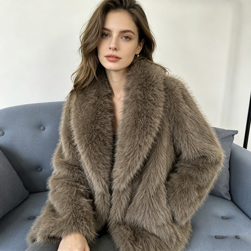 Khaki faux fur cropped jacket with shawl lapel and open front