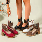 Croc-embossed platform ankle strap pumps with block heels and triple buckle cuffs (multiple colors)