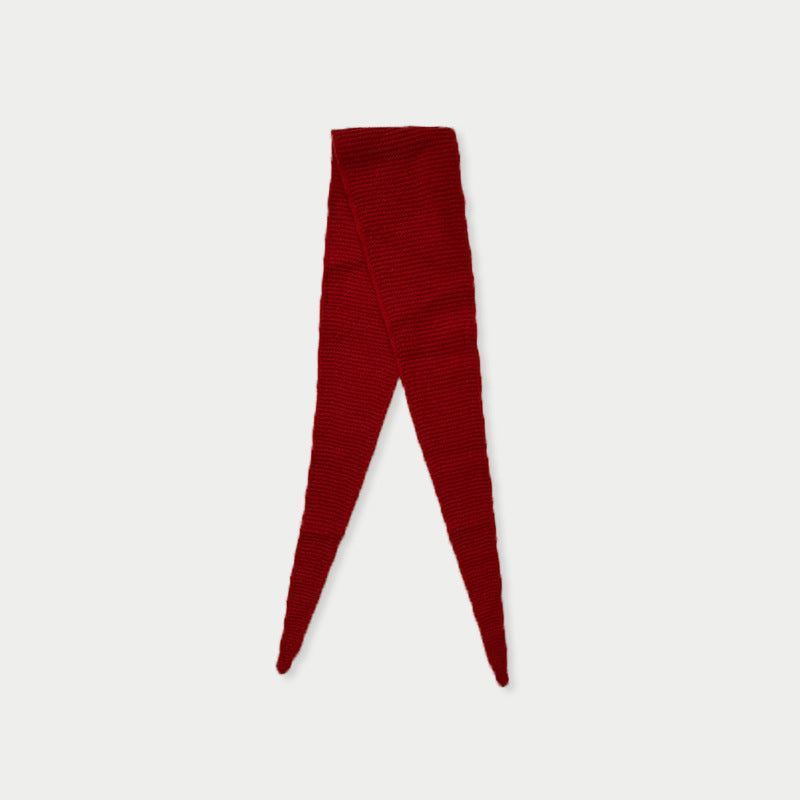 Red wool knit skinny scarf with pointed ends and stitched knit texture.