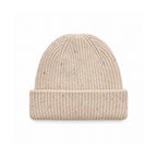 Speckled beige rib-knit beanie with a wide folded cuff.