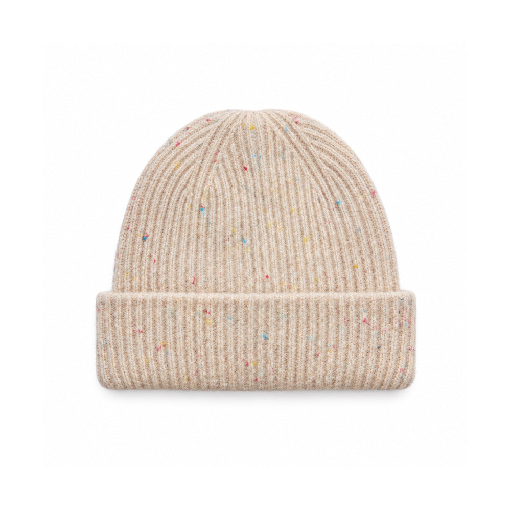 Speckled beige rib-knit beanie with a wide folded cuff.