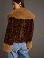 Leopard faux fur cropped jacket with oversized collar, rear view and long sleeves