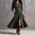Green plaid maxi shirt dress with long sleeves, button front, lace-up corset belt.
