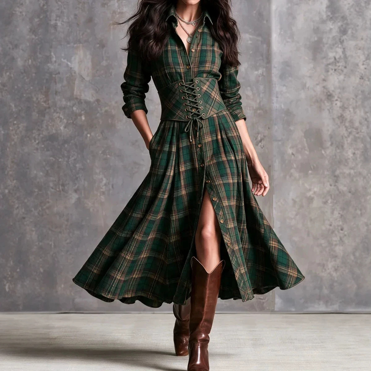 Green plaid maxi shirt dress with long sleeves, button front, lace-up corset belt.