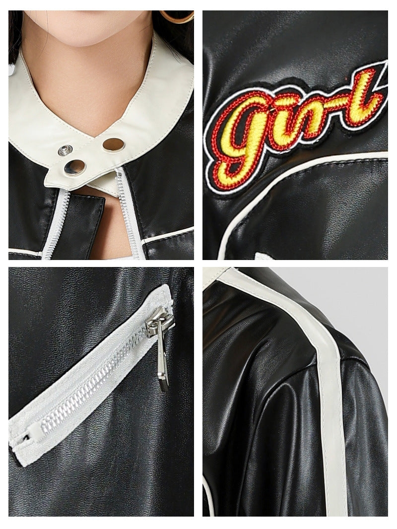 Faux leather racer jacket details: snap collar, logo patch, and zip pocket