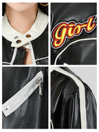 Faux leather racer jacket details: snap collar, logo patch, and zip pocket