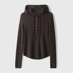 Women’s hooded henley sweater in dark brown fine knit, button placket and drawstring hood