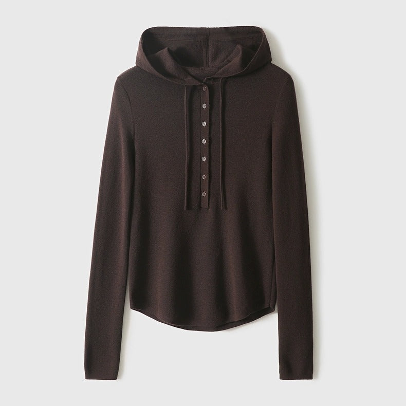 Women’s hooded henley sweater in dark brown fine knit, button placket and drawstring hood