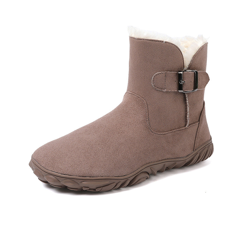 Dark taupe mid-calf snow boots with buckled side strap, plush collar, and rubber tread sole