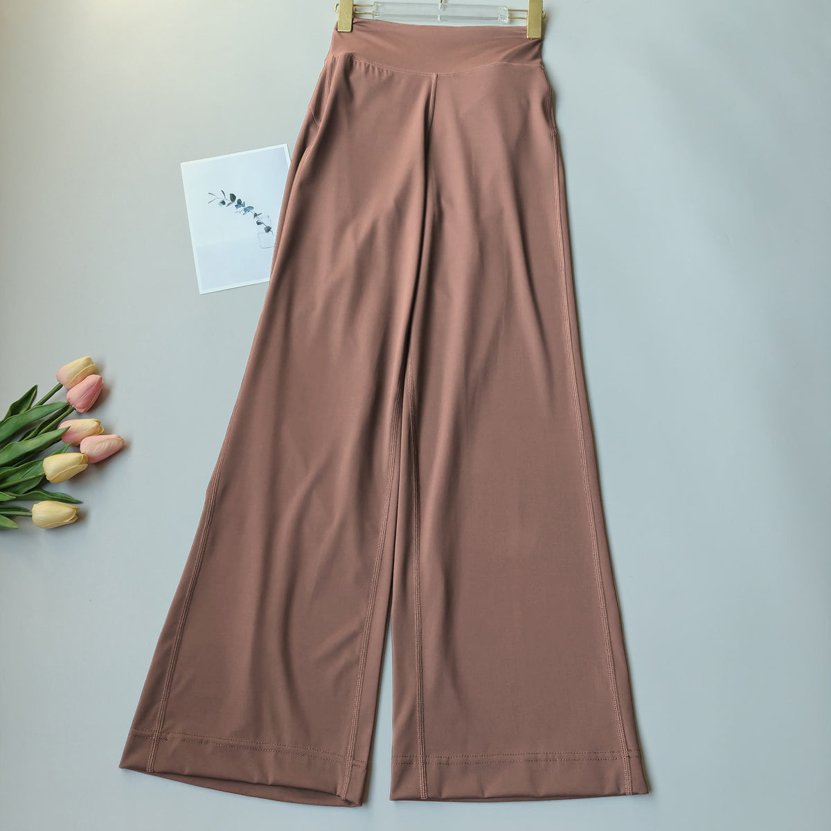 Women’s high-waisted wide-leg yoga pants, straight cut, soft mauve brown stretch nylon