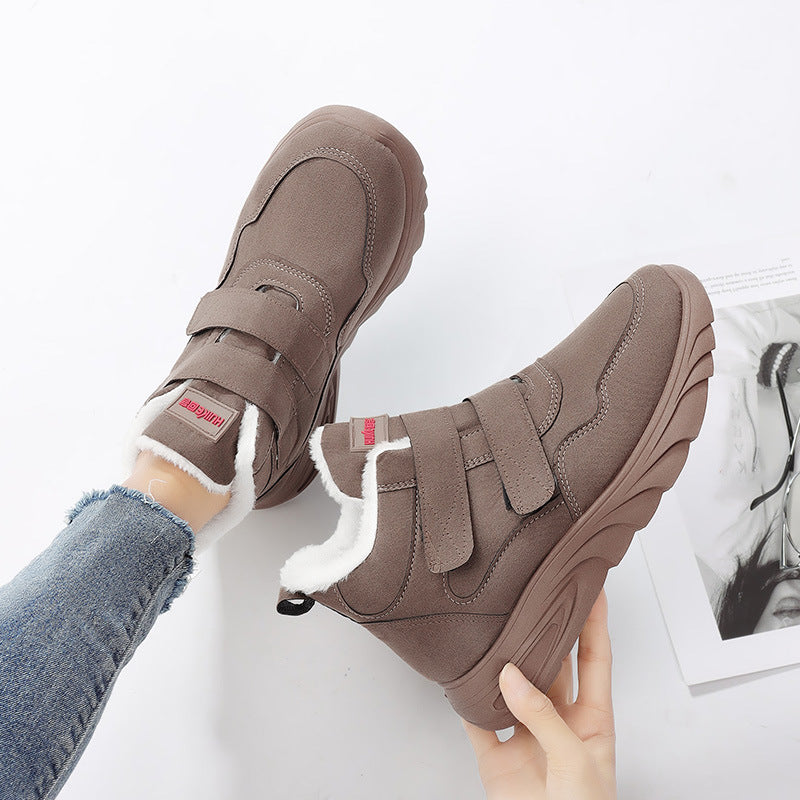 Taupe high-top winter sneakers with fleece lining and two hook-and-loop straps