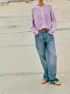 Light purple cropped open-knit button cardigan with long sleeves and ribbed trim