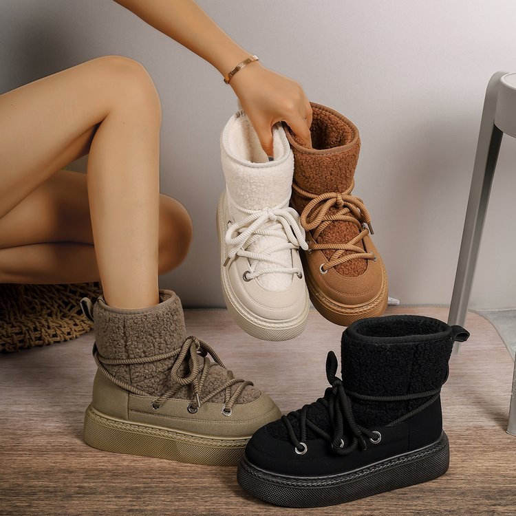Sherpa lace-up snow boots in white, camel, olive, and black, with wrap laces