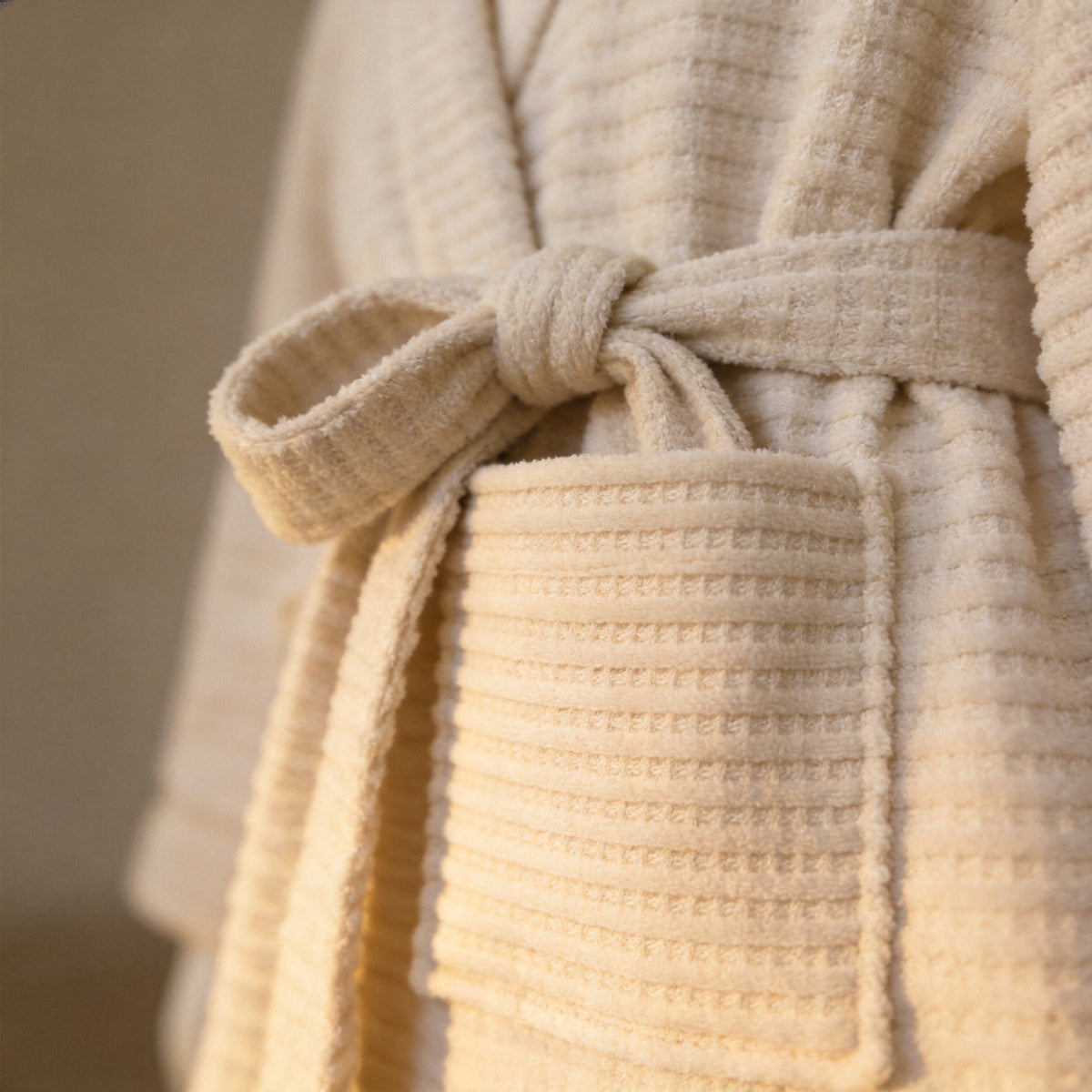 Cream cotton waffle knit robe belt tie knot, shawl-collar detail in close-up
