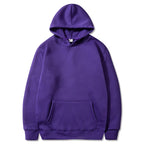 Purple fleece pullover hoodie with a kangaroo pocket and ribbed cuffs