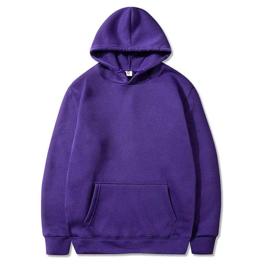 Purple fleece pullover hoodie with a kangaroo pocket and ribbed cuffs
