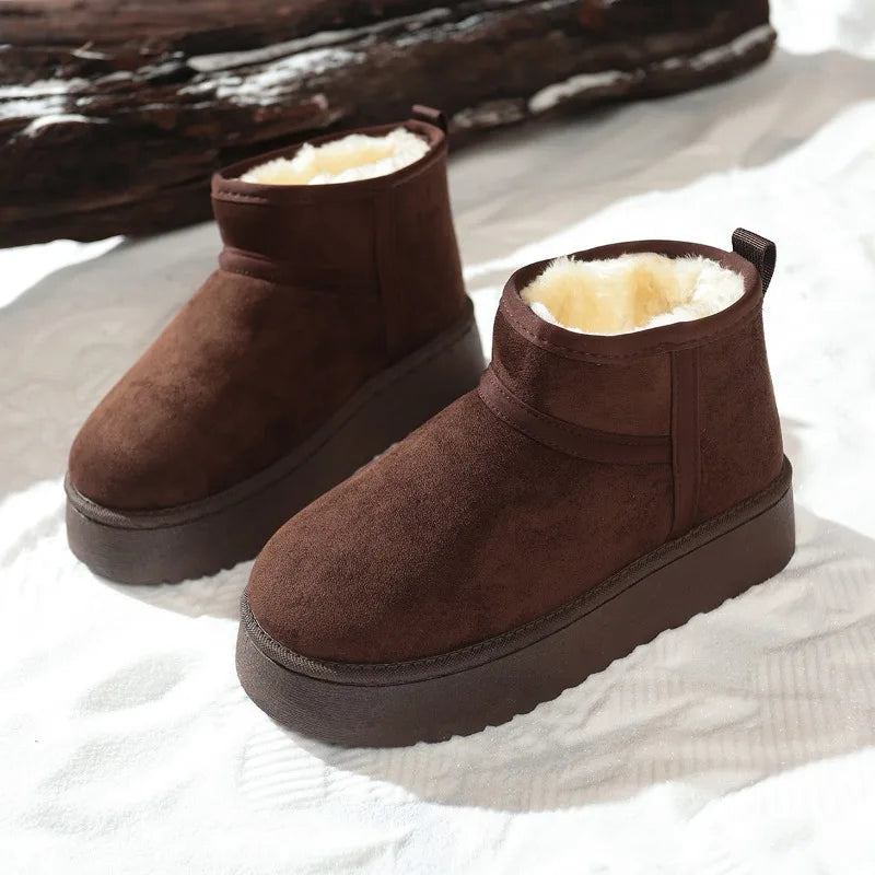 Dark brown faux suede ankle boots with cream fur lining and chunky platform soles