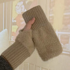 Khaki fuzzy fingerless gloves with ribbed cuffs