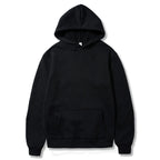 Black pullover hoodie with kangaroo pocket and ribbed cuffs