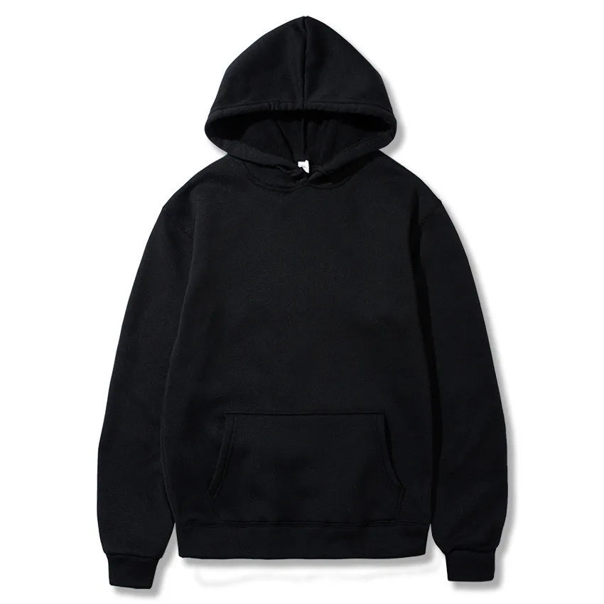 Black pullover hoodie with kangaroo pocket and ribbed cuffs
