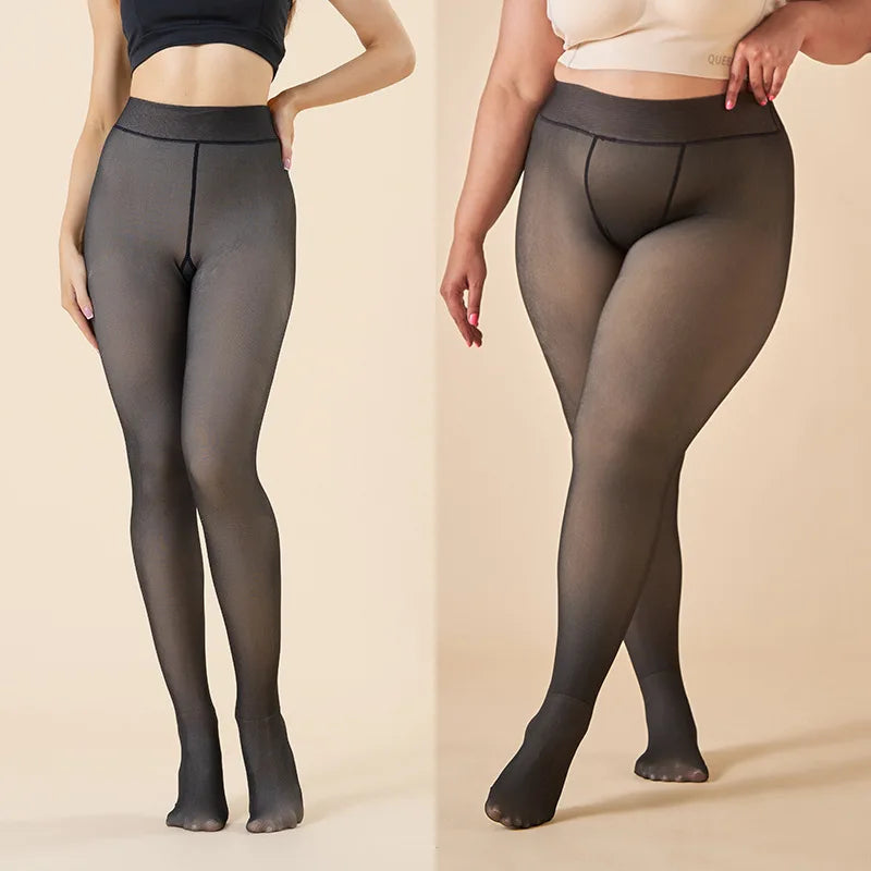 High-waist sheer thermal tights shown on two models, with a smooth waistband and full-length legs