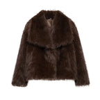 Dark brown faux fur jacket with oversized collar and relaxed fit