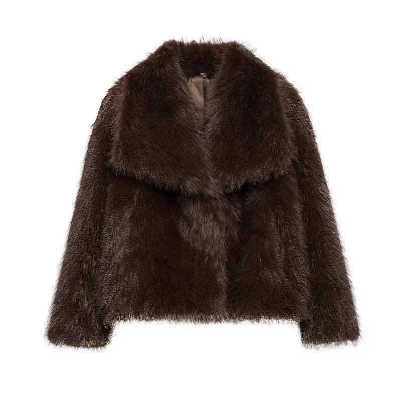 Dark brown faux fur jacket with oversized collar and relaxed fit