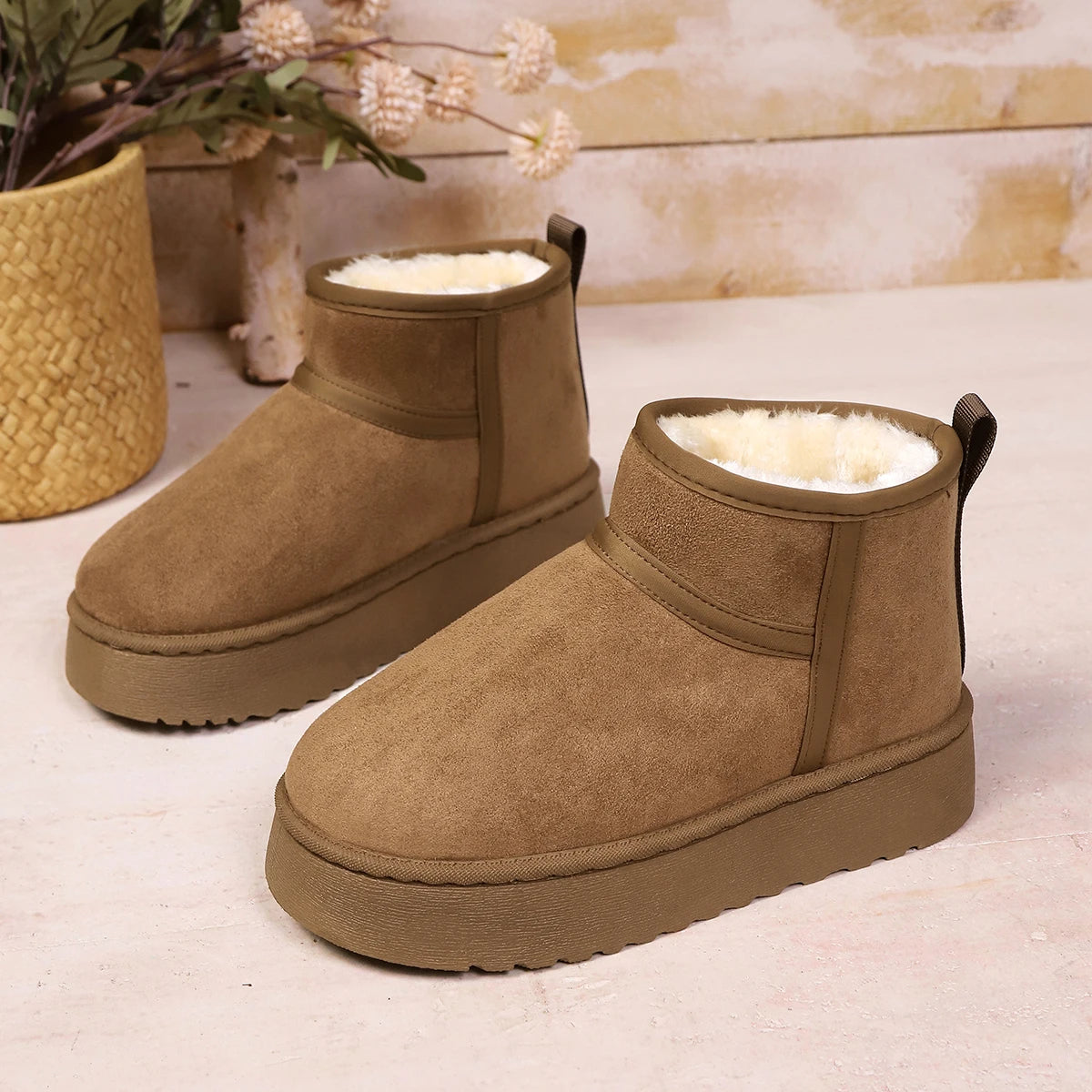 Khaki faux suede pull-on ankle boots with plush lining and chunky soles