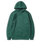 Dark green fleece pullover hoodie with a kangaroo pocket and ribbed cuffs