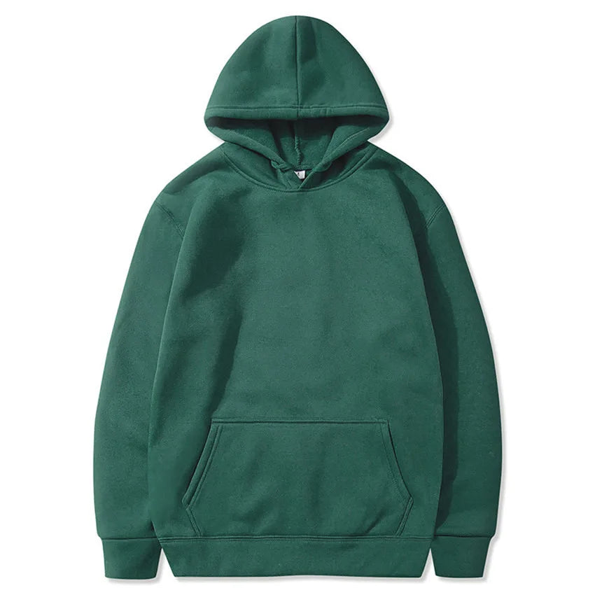 Dark green fleece pullover hoodie with a kangaroo pocket and ribbed cuffs