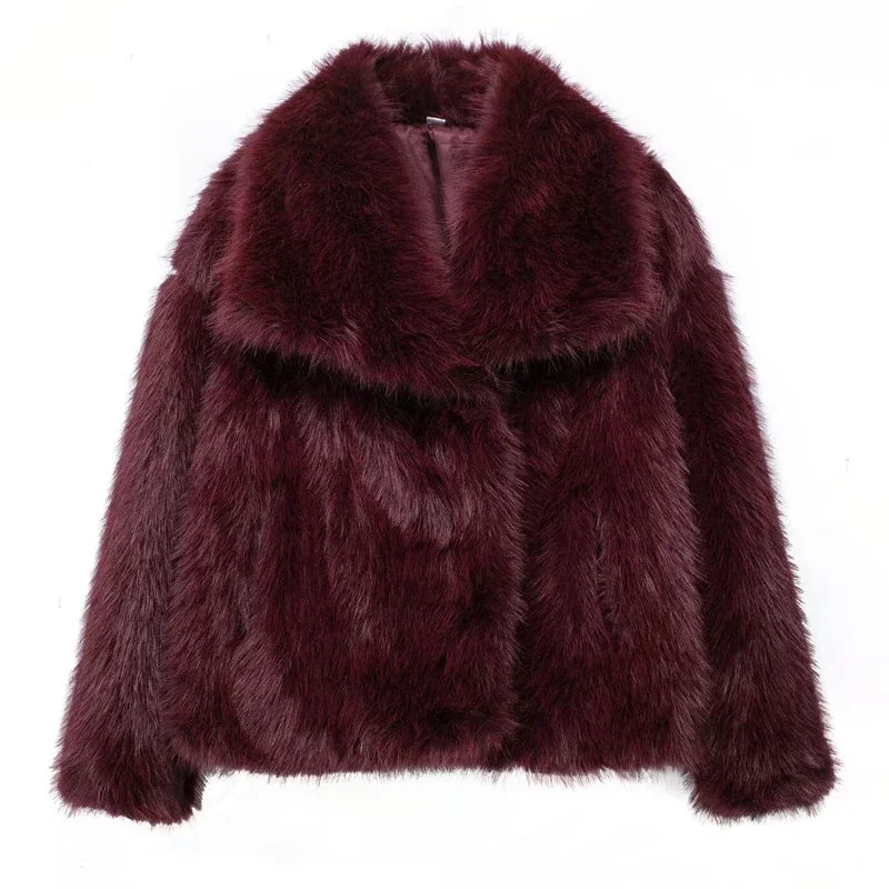 Burgundy faux fur jacket with oversized collar and front closure