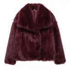 Burgundy faux fur jacket with oversized collar and front closure