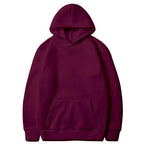 Burgundy fleece pullover hoodie with a kangaroo pocket and ribbed cuffs
