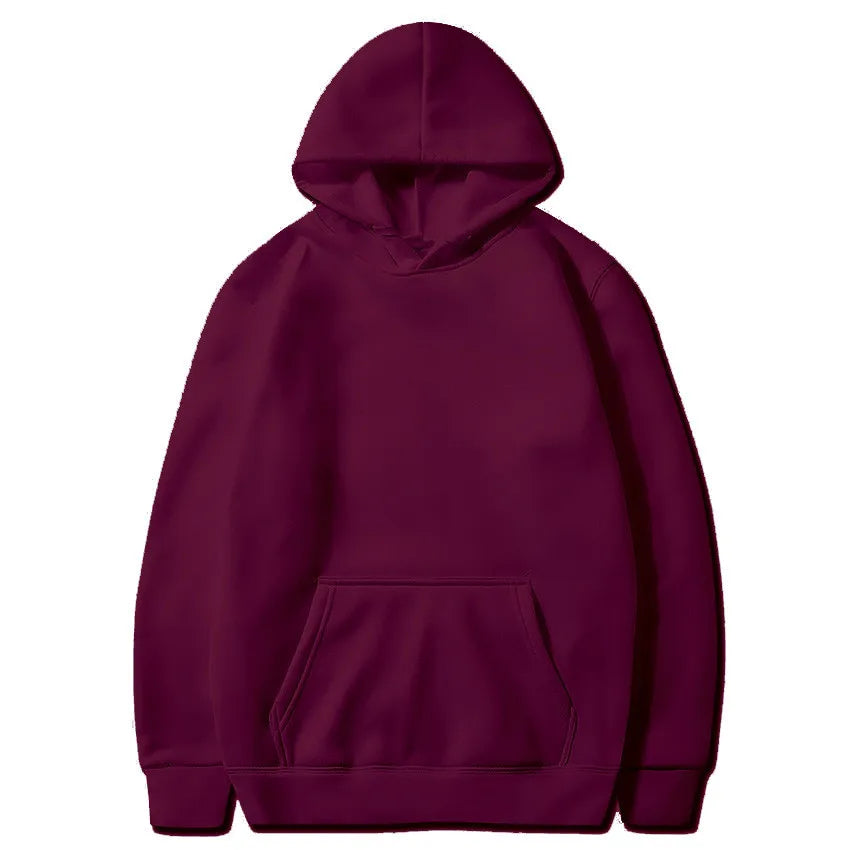 Burgundy fleece pullover hoodie with a kangaroo pocket and ribbed cuffs