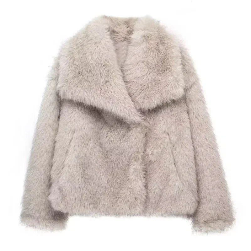 Taupe faux fur jacket with oversized collar and long sleeves