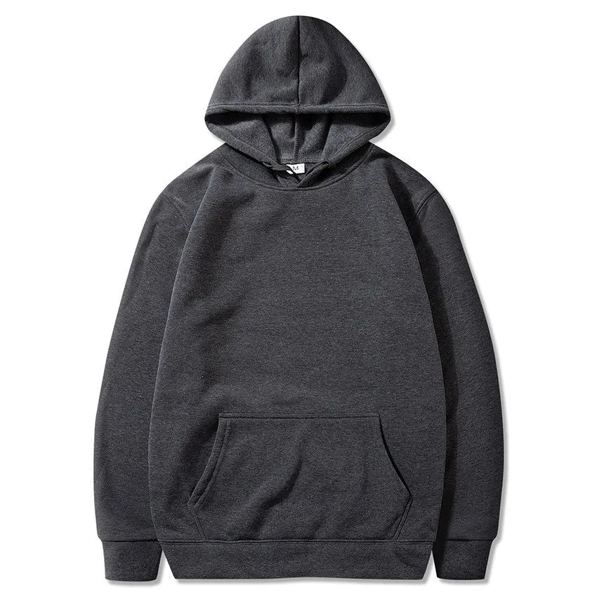 Dark gray pullover hoodie with kangaroo pocket and ribbed cuffs