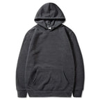 Dark gray pullover hoodie with kangaroo pocket and ribbed cuffs