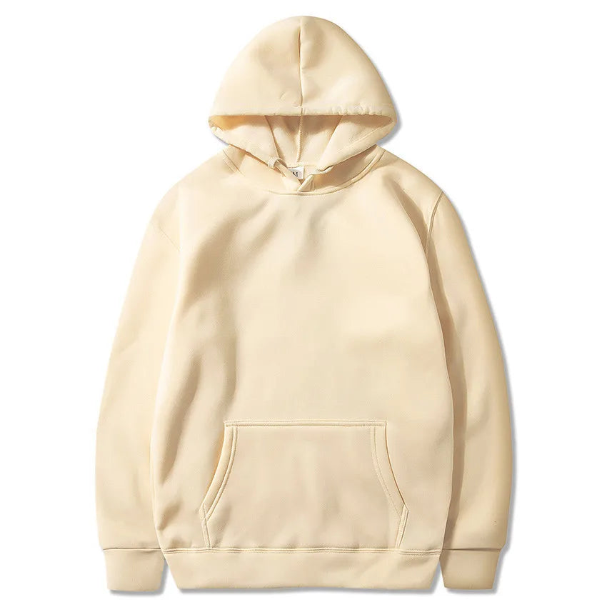 Cream pullover hoodie with kangaroo pocket and ribbed cuffs