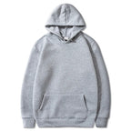 Light gray pullover hoodie with kangaroo pocket and ribbed cuffs