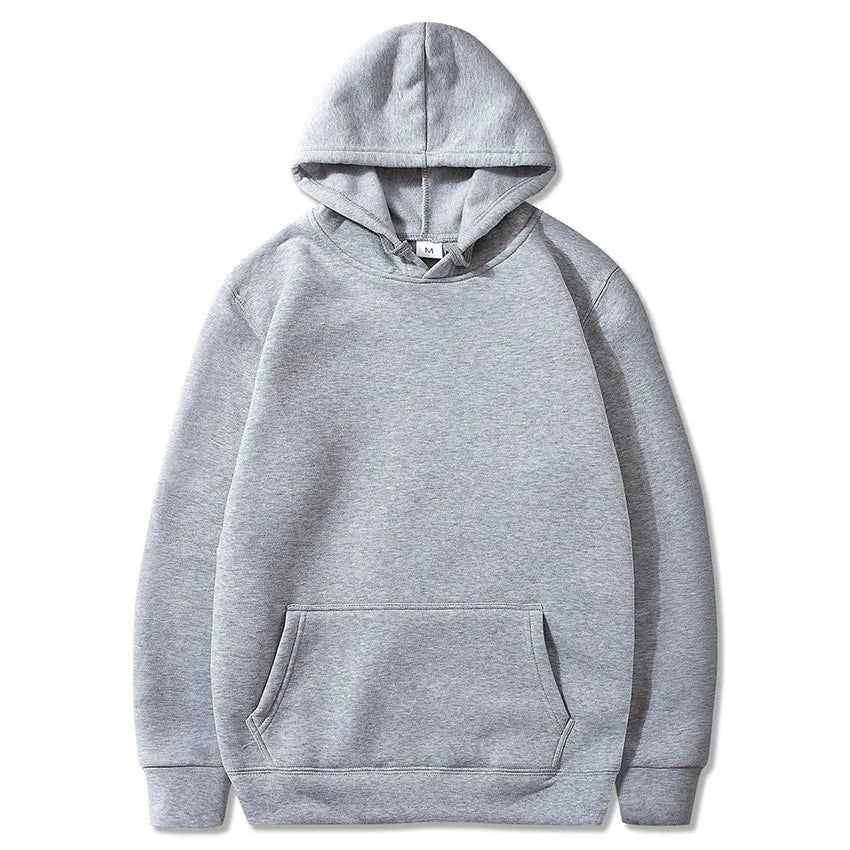 Light gray pullover hoodie with kangaroo pocket and ribbed cuffs