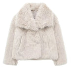 Pale beige faux fur jacket with oversized collar and long sleeves