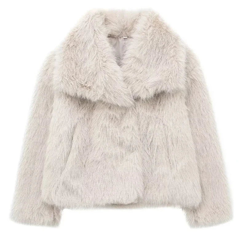 Pale beige faux fur jacket with oversized collar and long sleeves