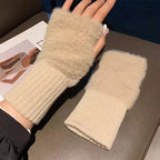 Khaki fuzzy fingerless glove with long ribbed cuff, beside its matching glove