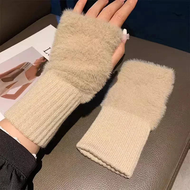 Khaki fuzzy fingerless glove with long ribbed cuff, beside its matching glove