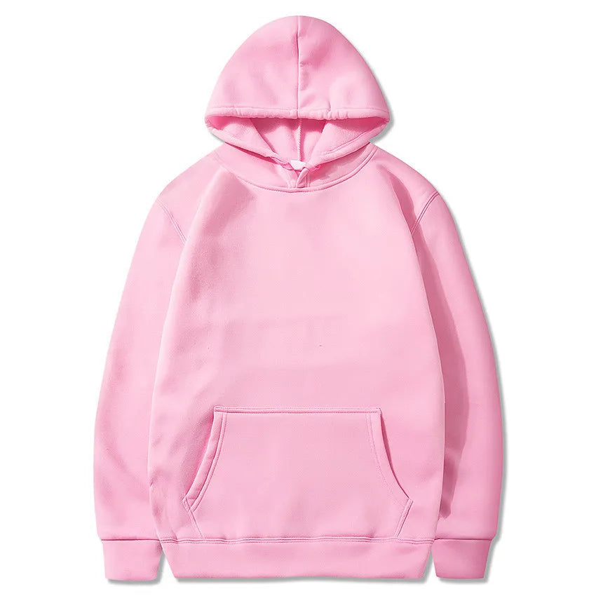 Pink fleece pullover hoodie with a kangaroo pocket and ribbed cuffs