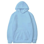 Sky blue pullover hoodie with kangaroo pocket and ribbed cuffs