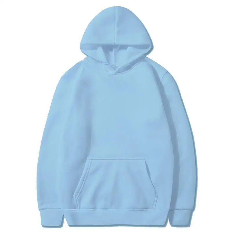 Sky blue pullover hoodie with kangaroo pocket and ribbed cuffs